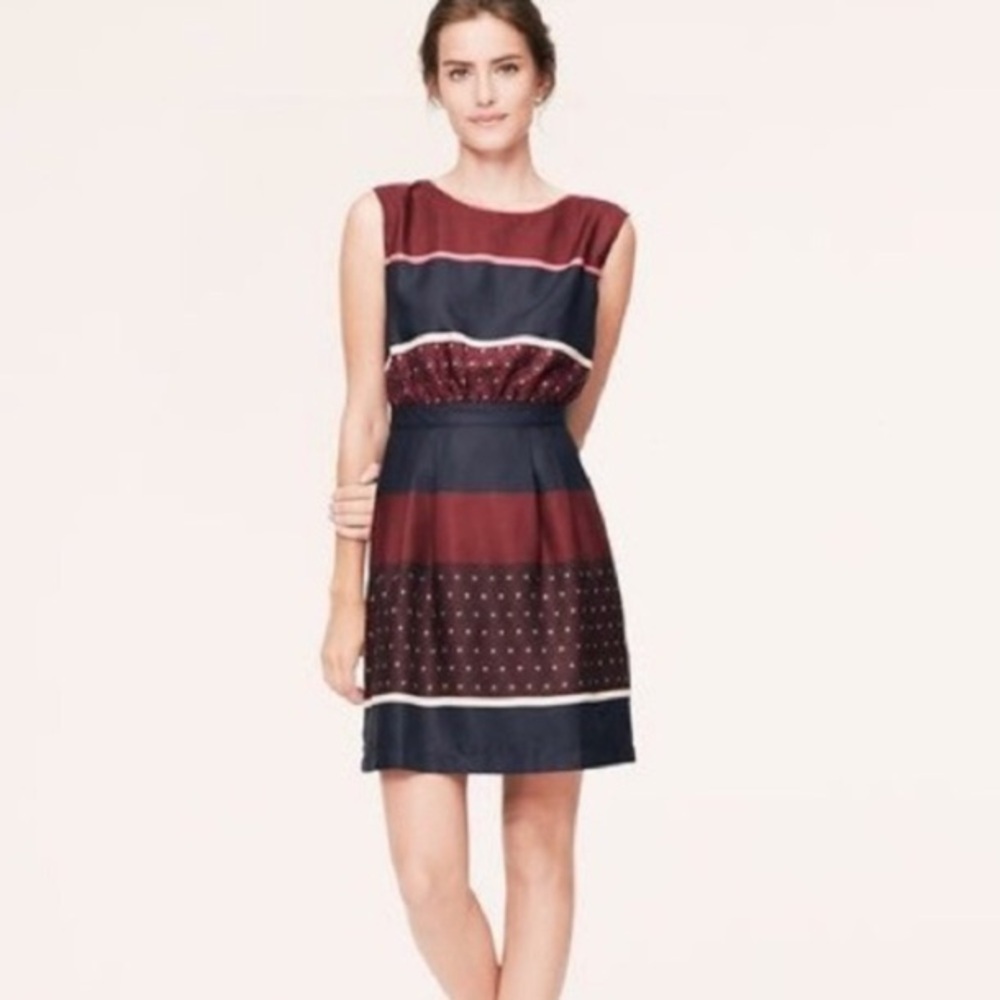 LOFT ANN TAYLOR Burgundy Navy block striped petite Dress 2P NWT